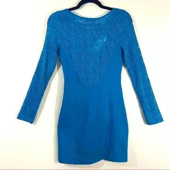 NWT Davi Dani 80’s Turquoise  Lace Long Sleeve Scoop Neck Mini Bodycon Dress (S) - Picture 8 of 12